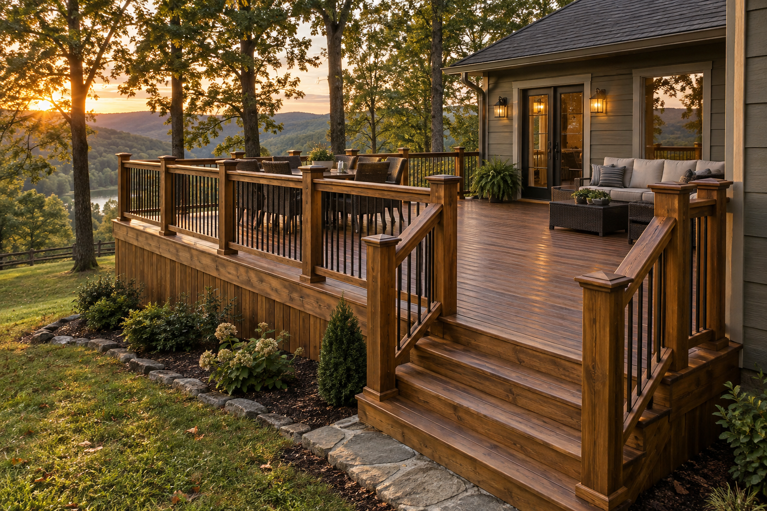 A completed stained wooden deck with finished railings and stairs