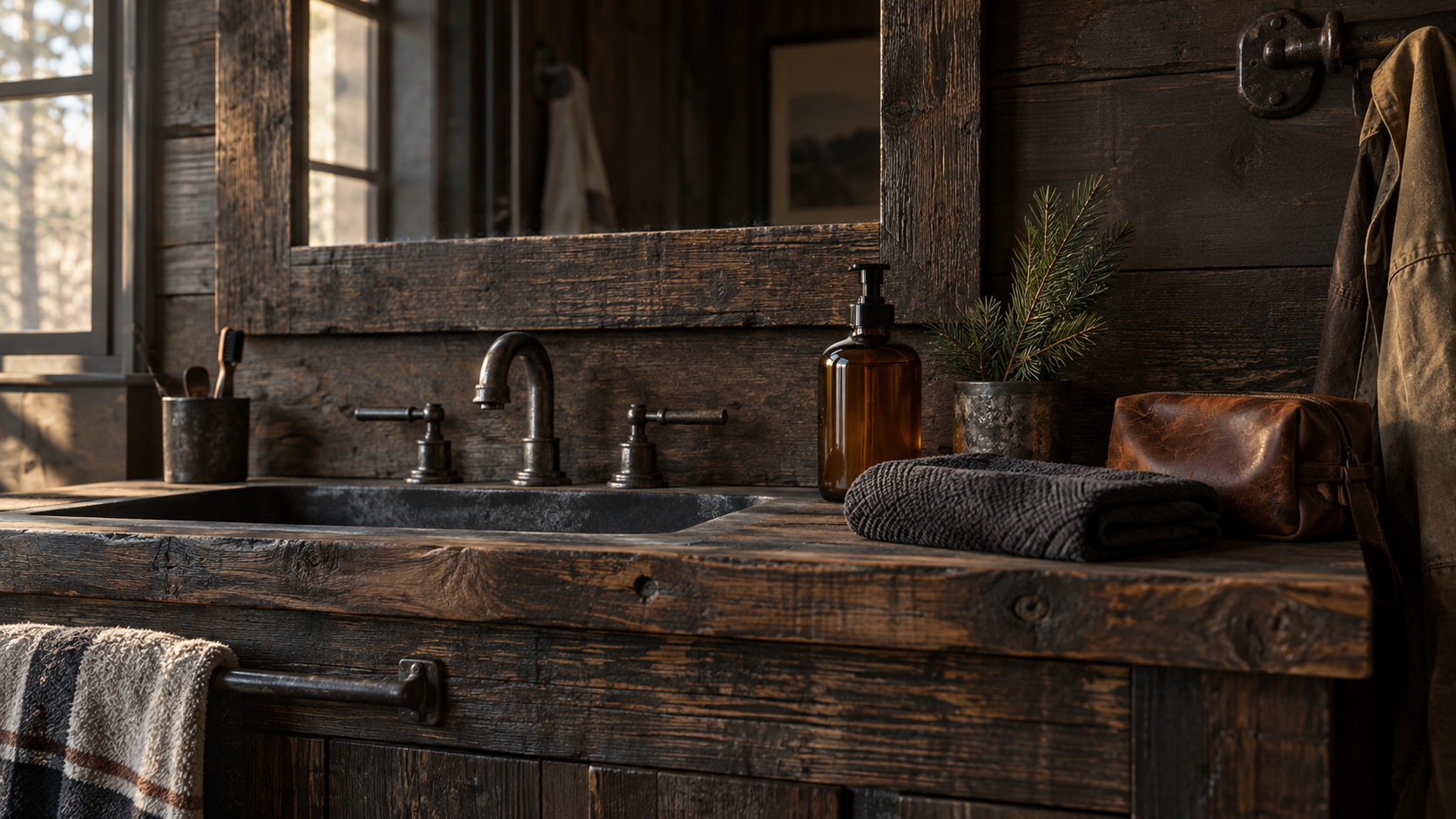 A rustic grooming area with reclaimed wood, an amber soap bottle, a charcoal towel and worn leather