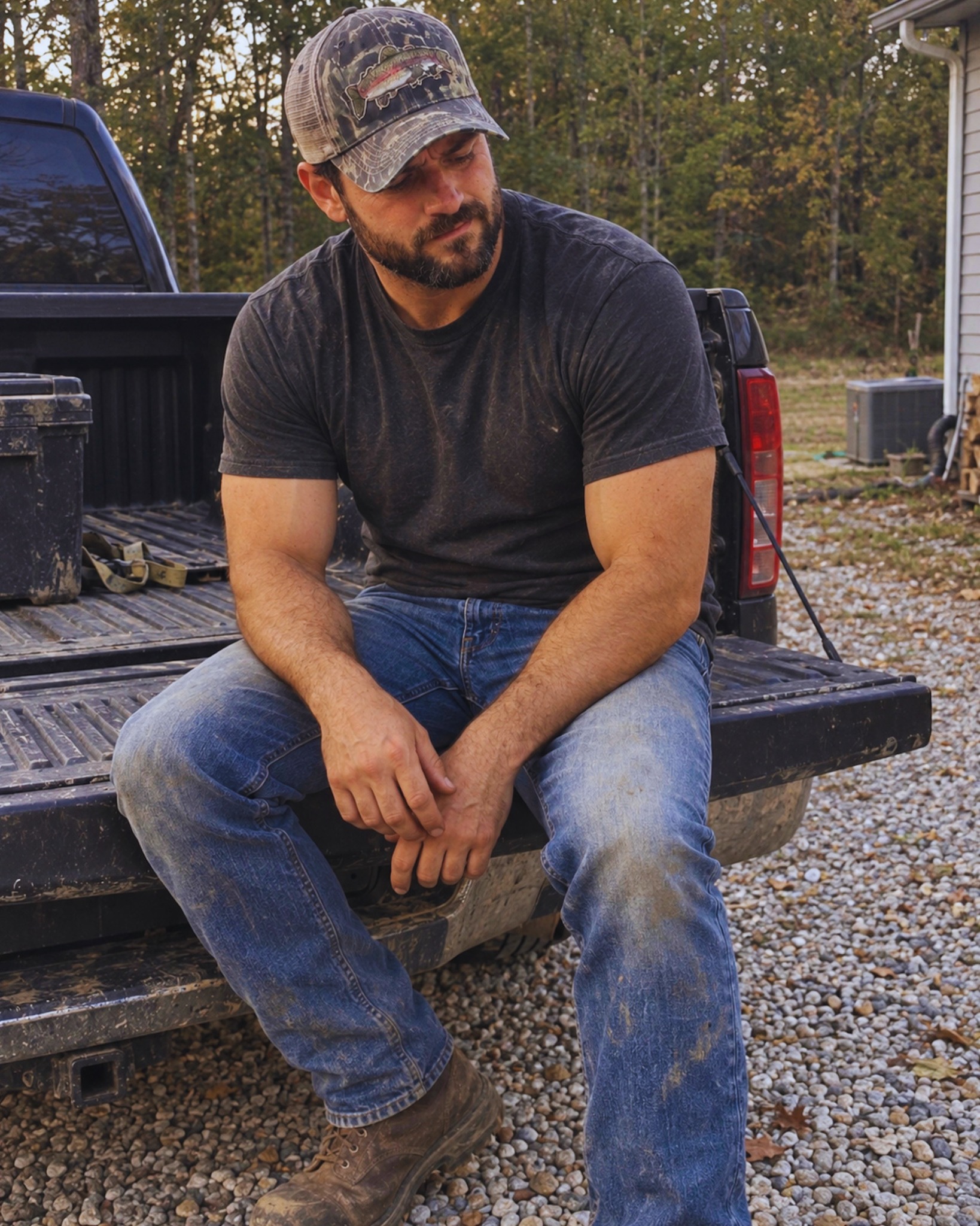 Joe Durst in work clothes sitting on the tailgate of his truck