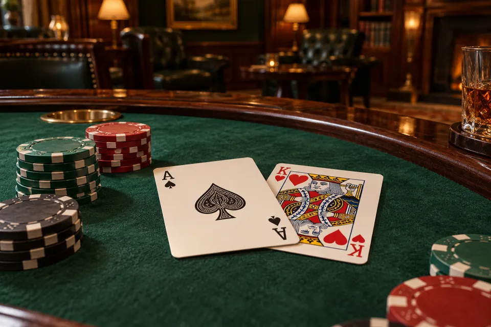 Blackjack cards and fictional chips on green felt
