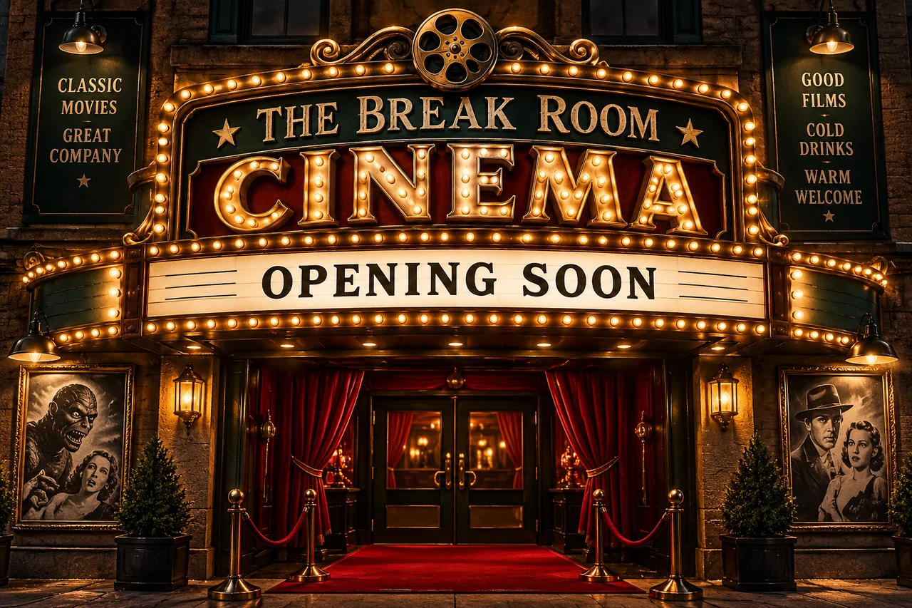 Vintage cinema entrance with warm marquee lights
