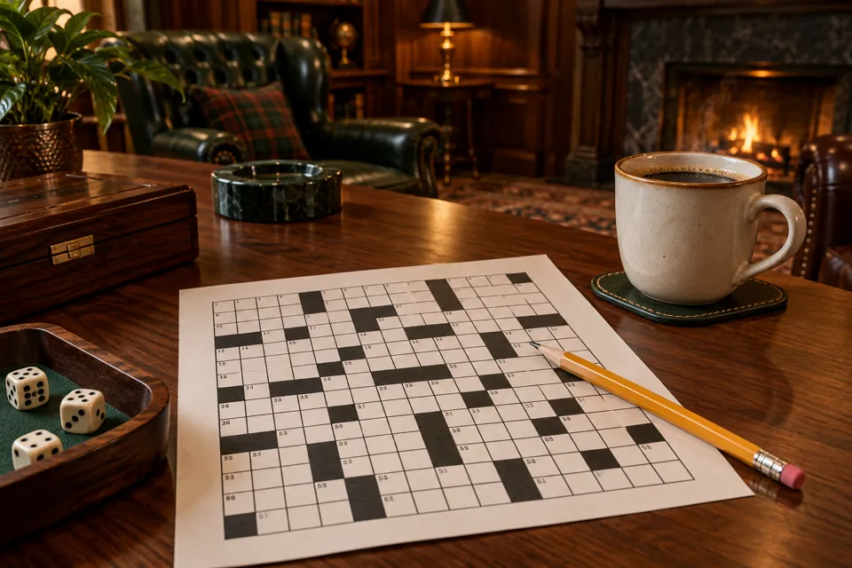 Crossword puzzle and pencil on a warm walnut table