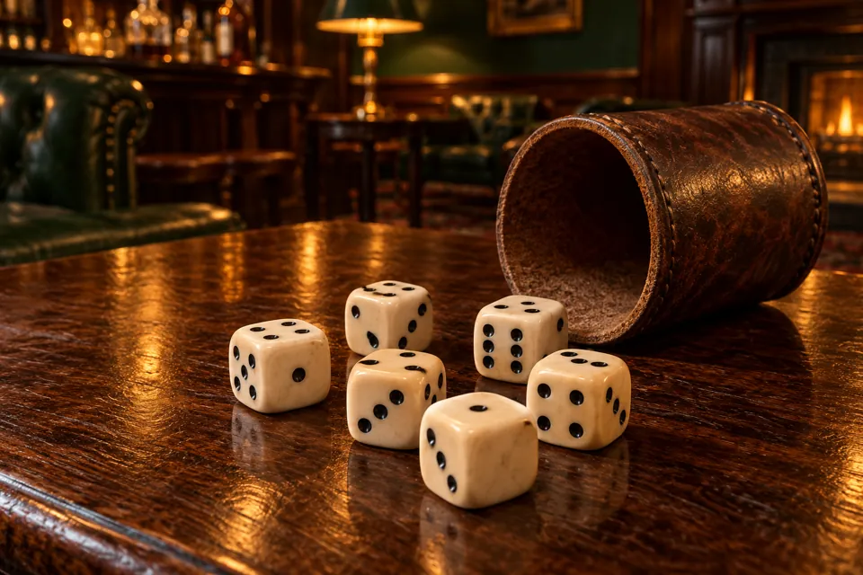 Six ivory dice beside an aged leather dice cup