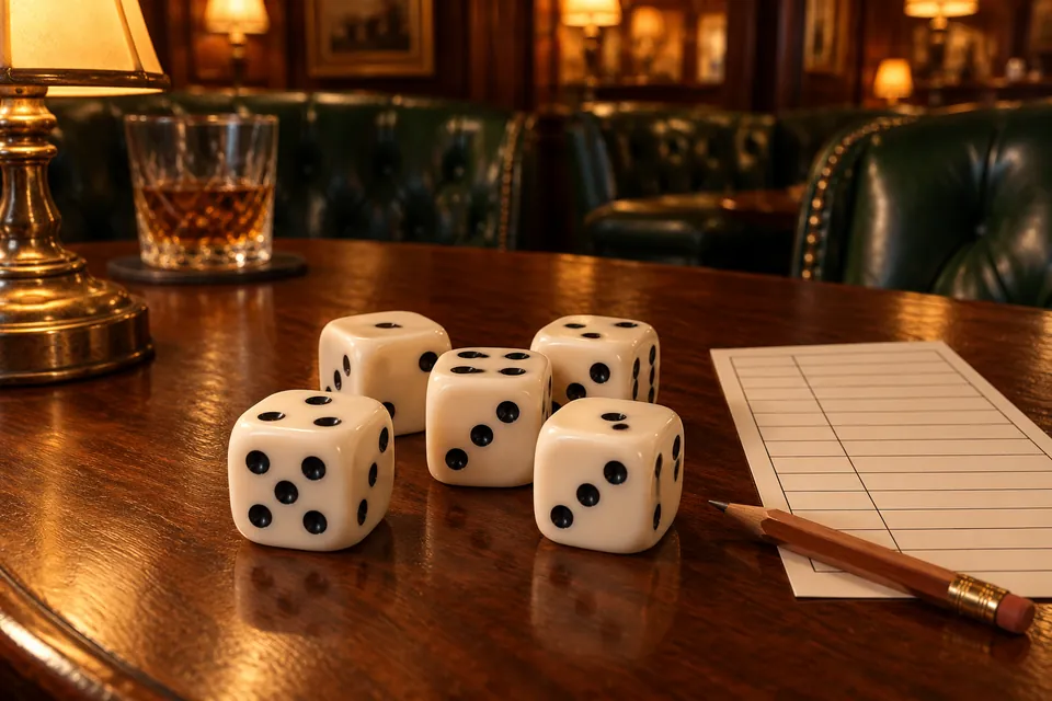 Five ivory dice beside a paper scorecard and pencil
