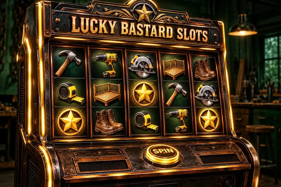 Five-reel construction-themed slot machine with amber lighting