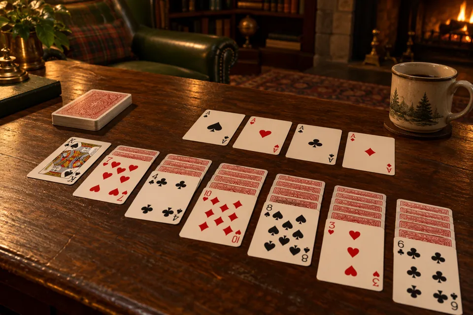 Cards and green felt in a warm rustic game lounge