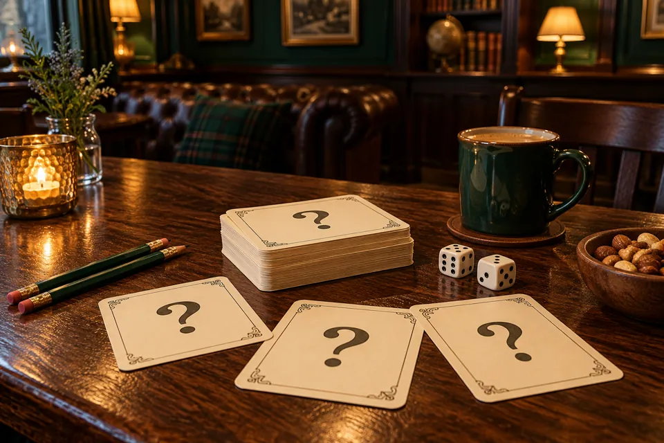 Vintage trivia question cards on a pub table