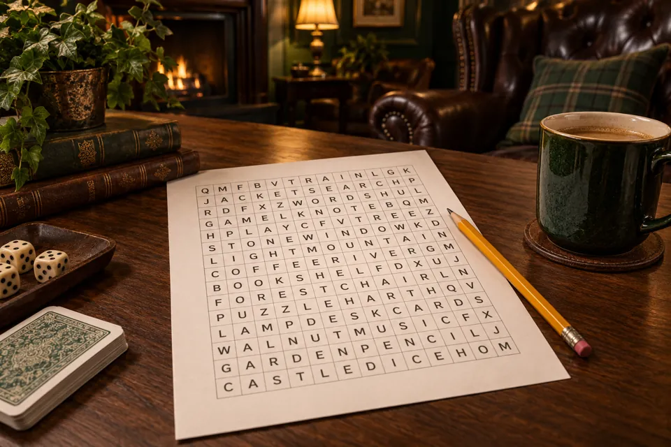 Word-search puzzle and pencil in a clubhouse setting