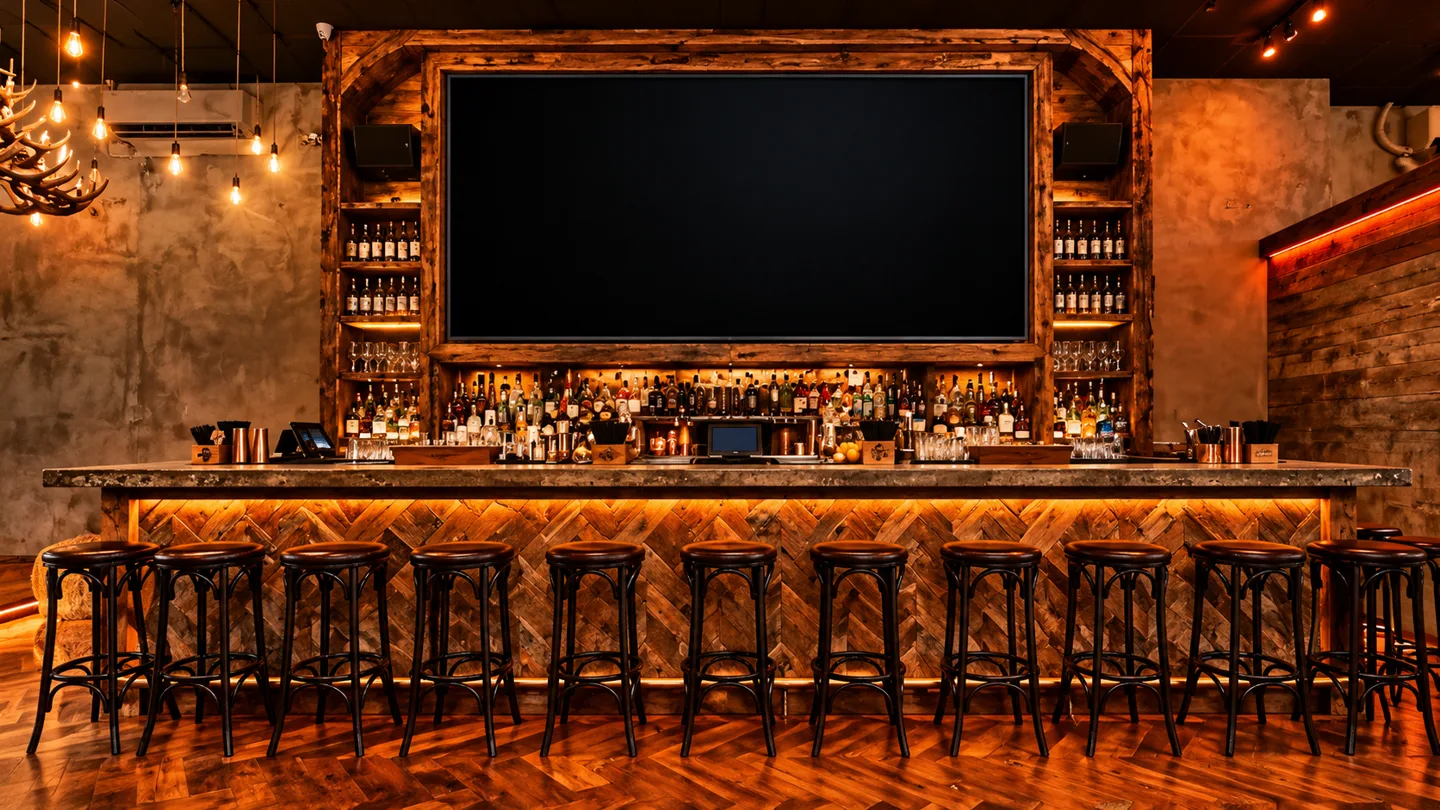 Rustic country lounge with amber lighting and a large television