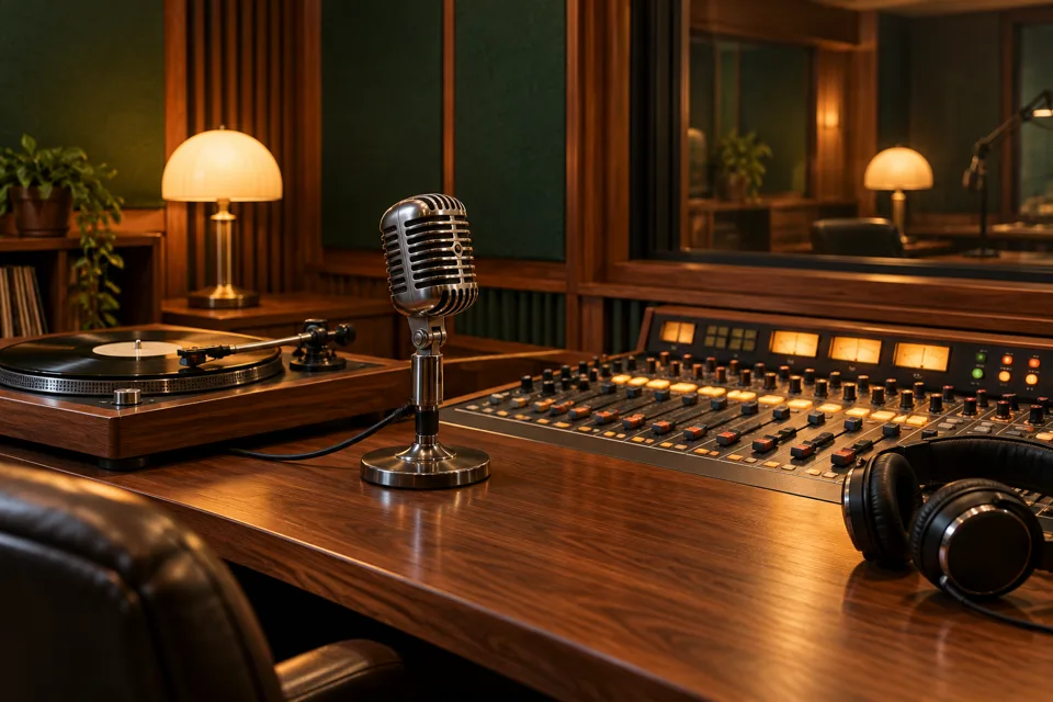 Vintage microphone and broadcast console in a walnut radio studio